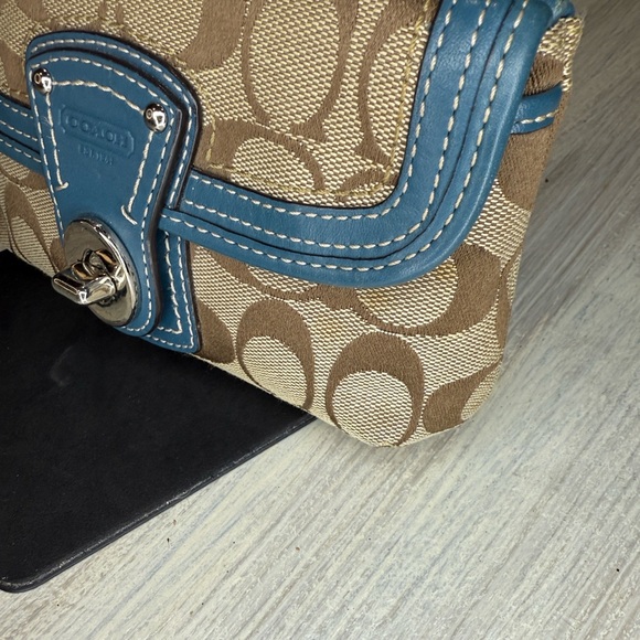 Coach Legacy Turn Lock Monogram Wristlet in Tan and Blue